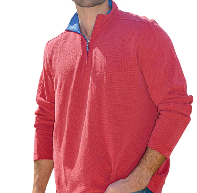 Men's Waffle Quarter Zip Sweater In Dark Red