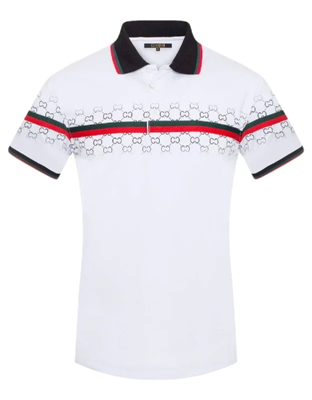 Men's Shirts with Contrast StitchingMen's White GG Printed Polo T-shirt Red and Green Trims Slim-Fit Style-3305 Men's Shirts with Contrast StitchingMen's White GG Printed Polo T-shirt Red and Green Trims Slim-Fit Style-3305