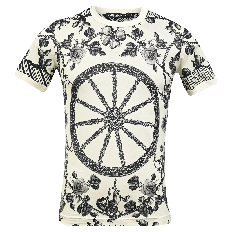 Men's Shirts with Abstract DesignsDolce & Gabbana Monochrome Pique Rose Printed T-Shirt in White Cotton Men's Shirts with Abstract DesignsDolce & Gabbana Monochrome Pique Rose Printed T-Shirt in White Cotton