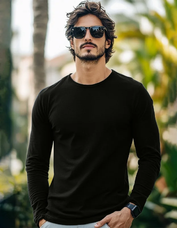 Men's Shirts with Short PlacketsBlack Plain Full Sleeves Regular Fit T-shirt