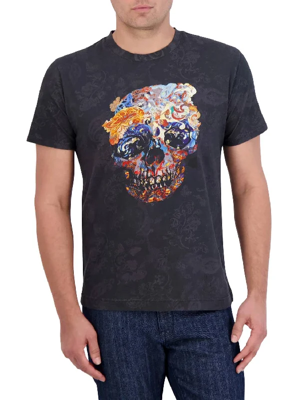 Stylish Men's HenleysSkull Scrolls T-Shirt In Black