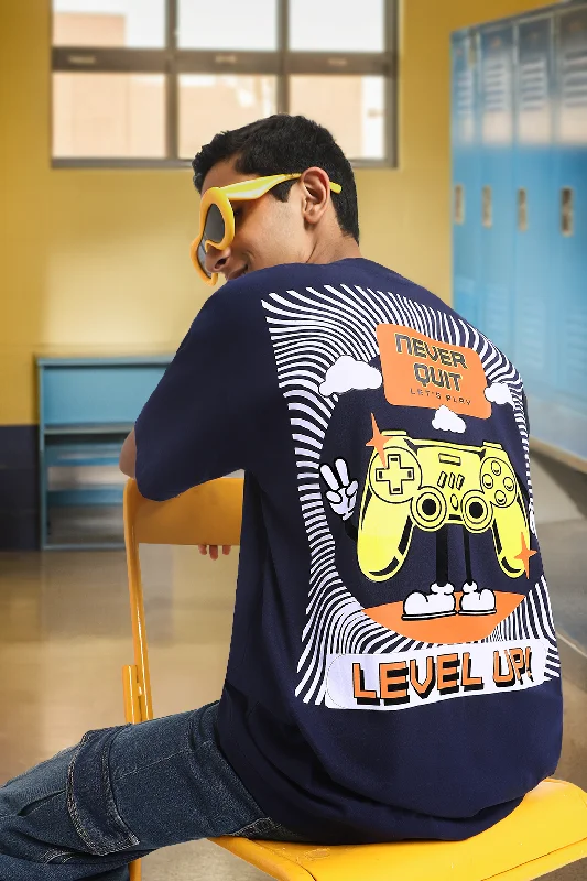 Men's Shirts with Ruffled HemlinesLevel Up Navy Oversized Graphic Back Printed Boys T-shirt Men's Shirts with Ruffled HemlinesLevel Up Navy Oversized Graphic Back Printed Boys T-shirt
