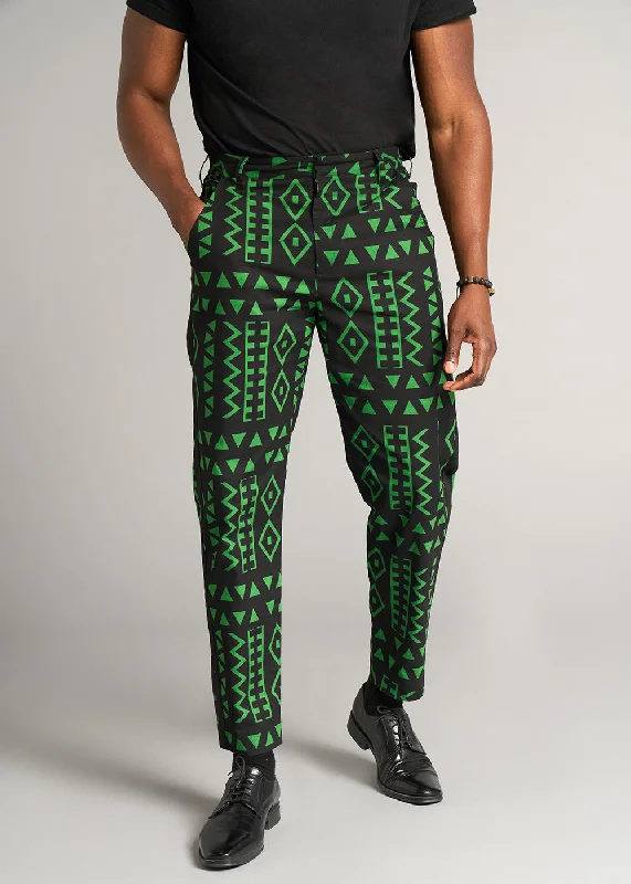 Men's Pants with Shallow PocketsTendai Men's African Print Trousers (Moss Black Geometric) - Clearance