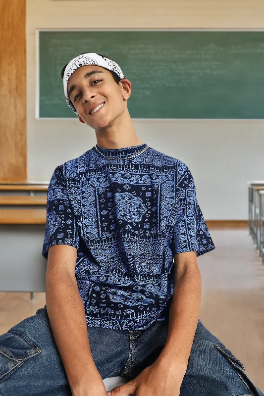 Men's Shirts with Single-Breasted DesignsNavy Oversized Paisley Printed Boys T-shirt