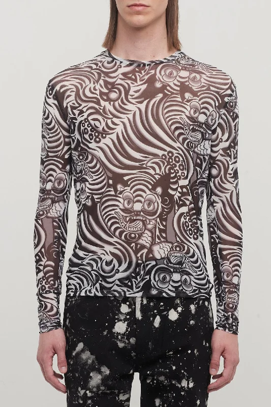 Men's Shirts with Embellished CollarsLu'u Dan Kamikaze Print Mesh Long Sleeve Top in Black Men's Shirts with Embellished CollarsLu'u Dan Kamikaze Print Mesh Long Sleeve Top in Black