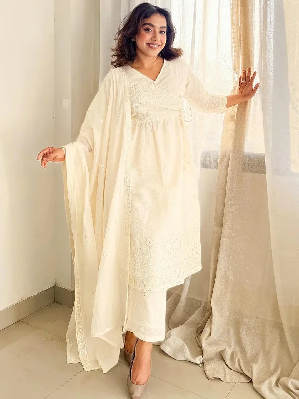 Off White Embroidered Cotton A-Line Kurta With Trousers & Dupatta