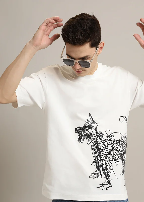 Men's Shirts with Pleated HemlinesWhite Doodle Paws Oversized T-shirt