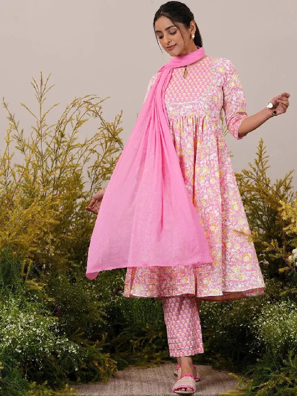 Pink Yoke Design Cotton Anarkali Suit With Dupatta