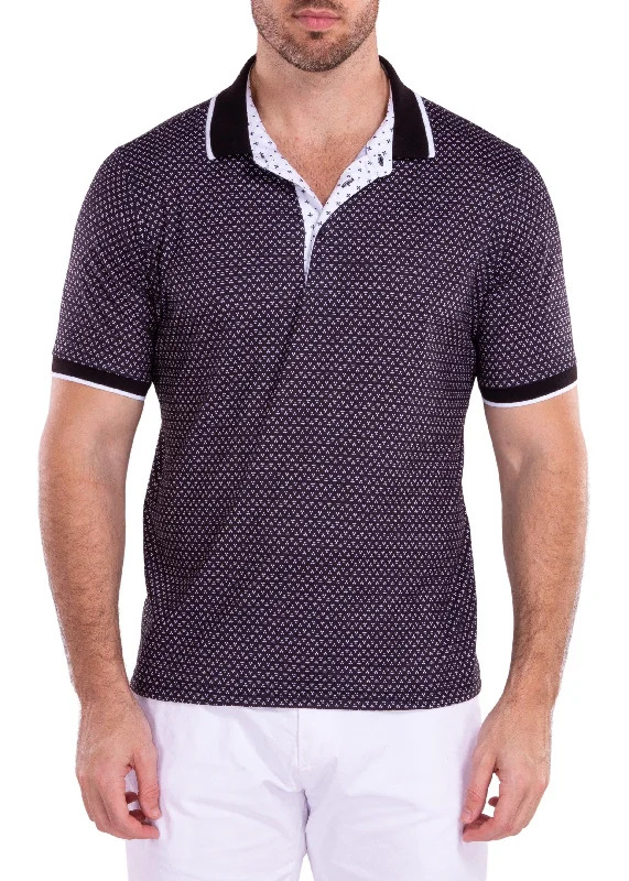 Men's Shirts with Embellished CollarsContrast Triangle Pattern Printed Polo Shirt Black Men's Shirts with Embellished CollarsContrast Triangle Pattern Printed Polo Shirt Black
