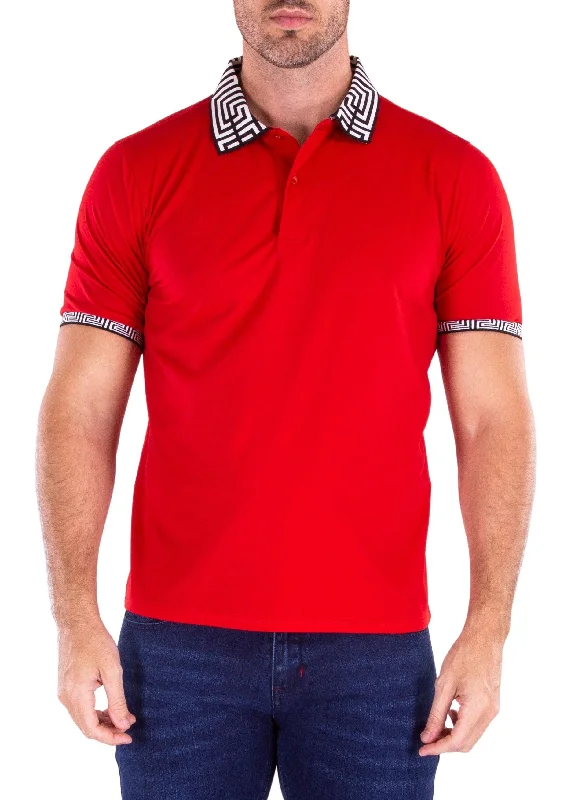 Men's Shirts with Mandarin CollarsGreek Key Collar & Trim Solid Red Polo Shirt