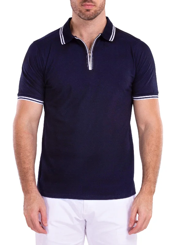 Men's Shirts with Adjustable CuffsMen's Essentials Solid Navy Zipper Polo Shirt