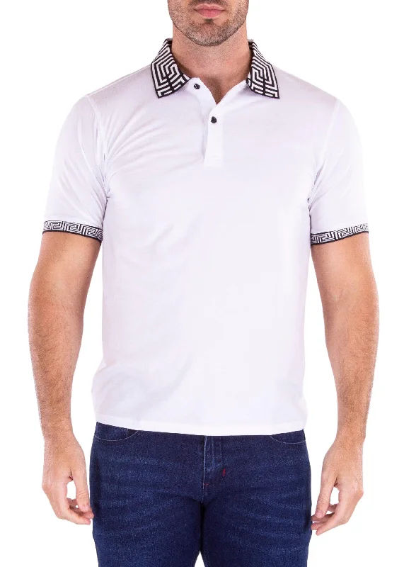 Men's Shirts with Hidden ButtonsGreek Key Collar & Trim Solid White Polo Shirt