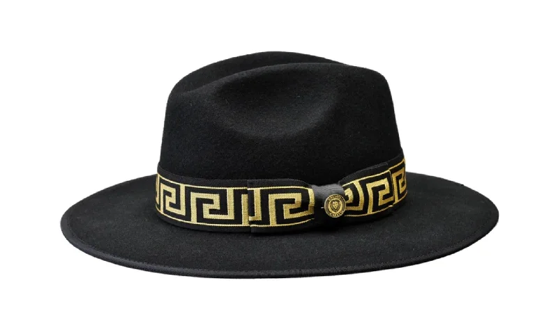 Artistic Derby HatsBlack Wide Brim Fedora with Gold Decorative Band Wool Felt Hat