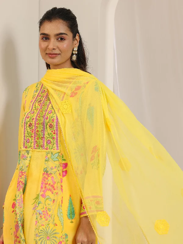 Yellow Printed Cotton Anarkali Suit Set With Dupatta