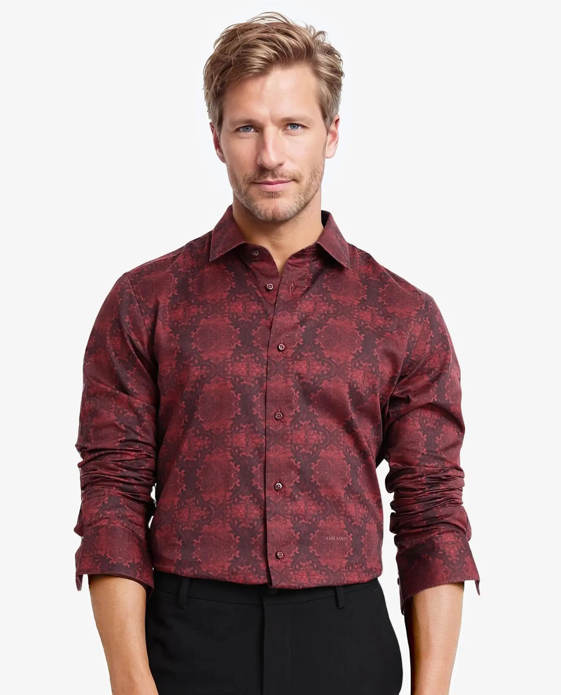 Classic Men's Dress ShirtsRare Rabbit Men Steno Maroon Full Sleeve Regular Collar Button Closure Regular Fit Decorative Print Shirt Classic Men's Dress ShirtsRare Rabbit Men Steno Maroon Full Sleeve Regular Collar Button Closure Regular Fit Decorative Print Shirt