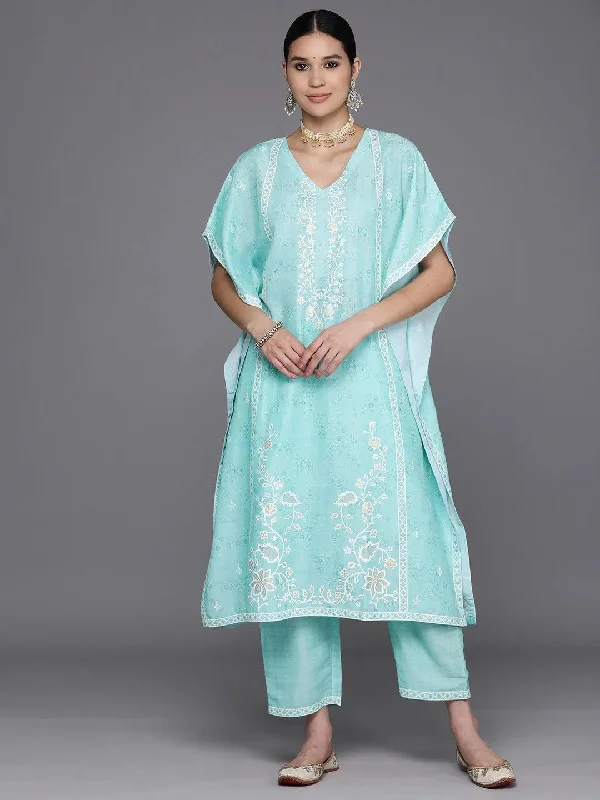 Sea Green Printed Silk Blend Kaftan With Trousers