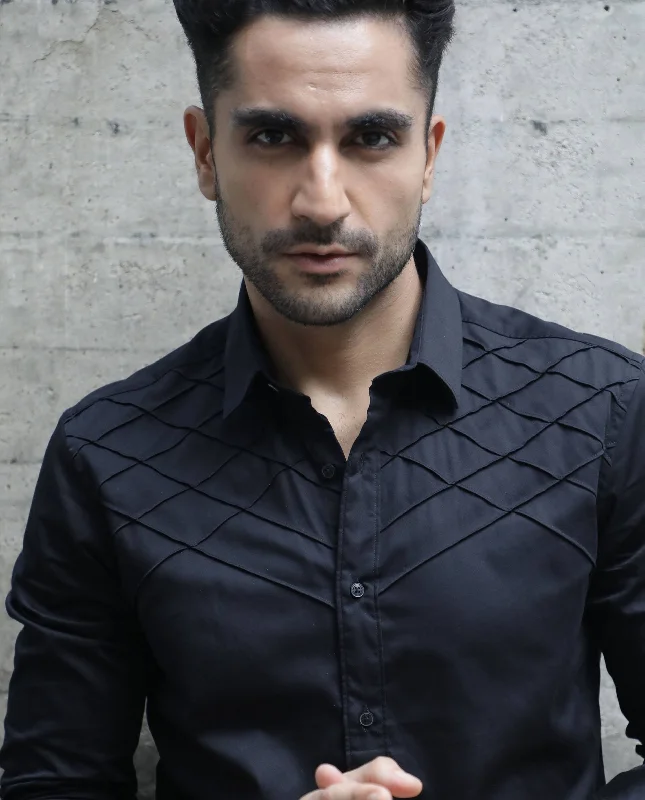 Men's Breathable Shirts for Warm ClimatesRare Rabbit Men's Hero Black Cotton Fabric Full Sleeves Regular Fit Pleated Textured Shirt Men's Breathable Shirts for Warm ClimatesRare Rabbit Men's Hero Black Cotton Fabric Full Sleeves Regular Fit Pleated Textured Shirt
