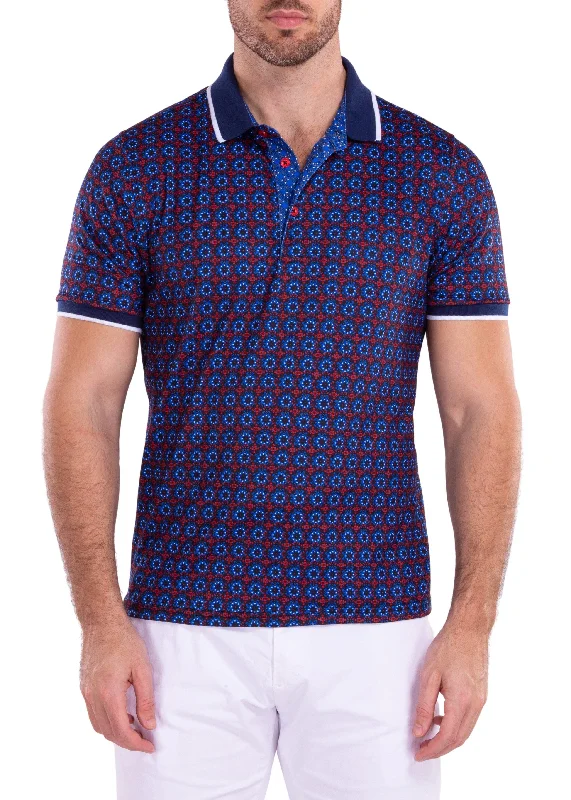 Men's Shirts with Mock NecksMoroccan Kaleidoscope Pattern Printed Polo Shirt Navy