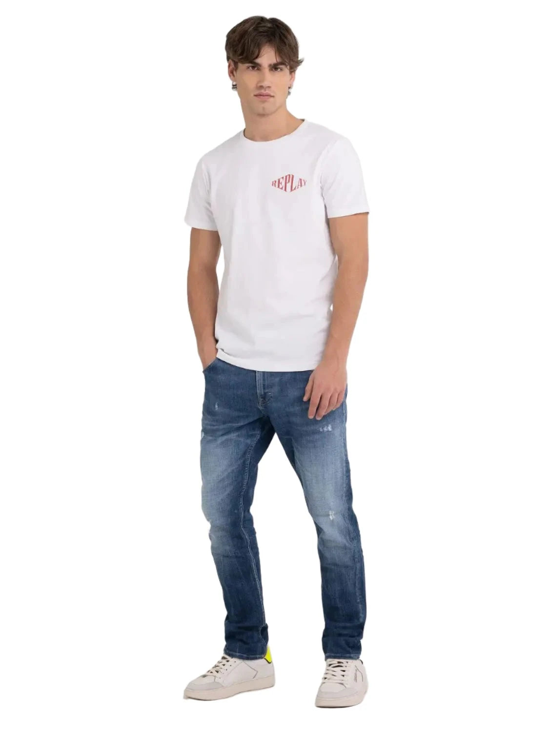 Men's Shirts with Embellished HemlinesID70016-Replay White Logo T-Shirt