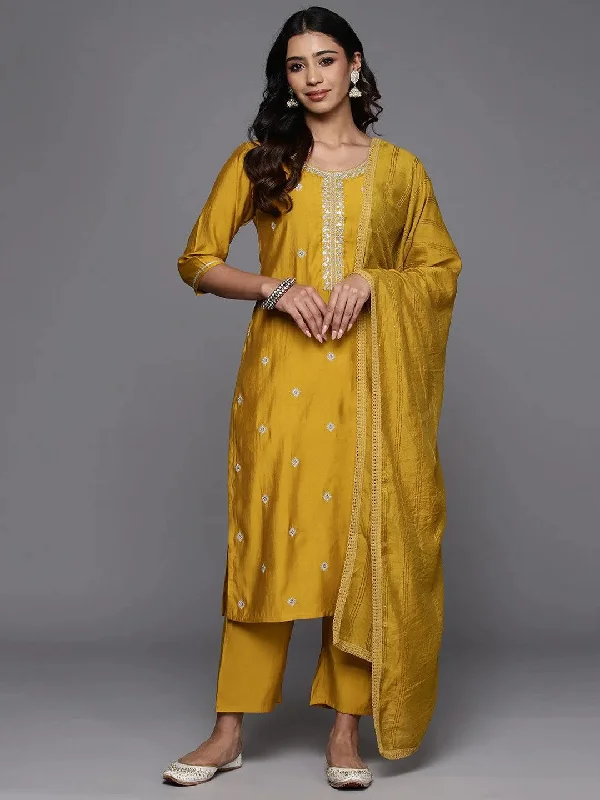Mustard Embroidered Silk Blend Straight Suit With Dupatta