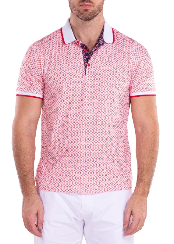 Men's Dressy Shirts for Formal EventsWhite & Red Geo Pattern Printed Polo Shirt