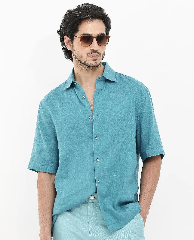 Men's Camping Shirts for Outdoor AdventuresRare Rabbit Mens Linex-1 SS Turq Linen Fabric Regular Collar Short Sleeve Boxy Fit Solid Shirt Men's Camping Shirts for Outdoor AdventuresRare Rabbit Mens Linex-1 SS Turq Linen Fabric Regular Collar Short Sleeve Boxy Fit Solid Shirt