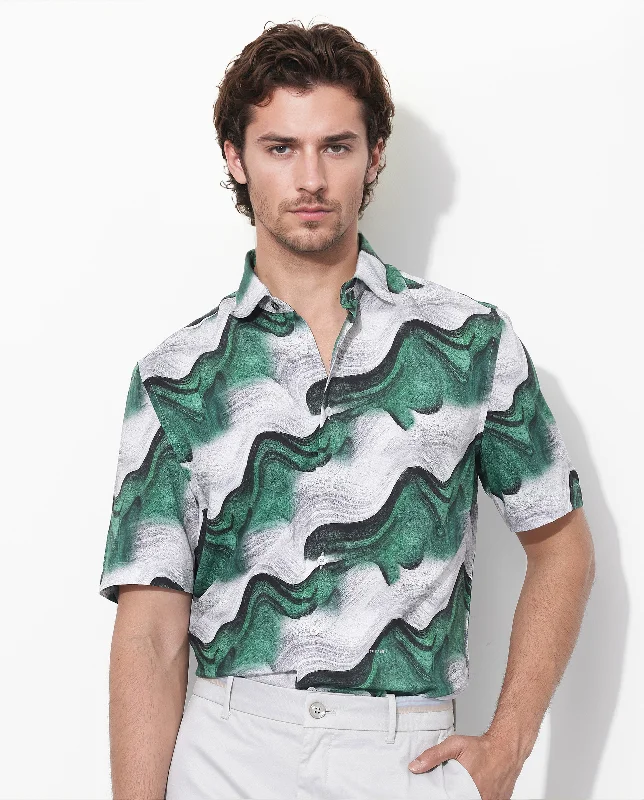 Men's Patterned Dress Casual Shirts for Smart-Casual EventsRare Rabbit Men's Tijon Dark Green Viscose Fabric Short Sleeve Regular Fit Abstract Print Shirt Men's Patterned Dress Casual Shirts for Smart-Casual EventsRare Rabbit Men's Tijon Dark Green Viscose Fabric Short Sleeve Regular Fit Abstract Print Shirt