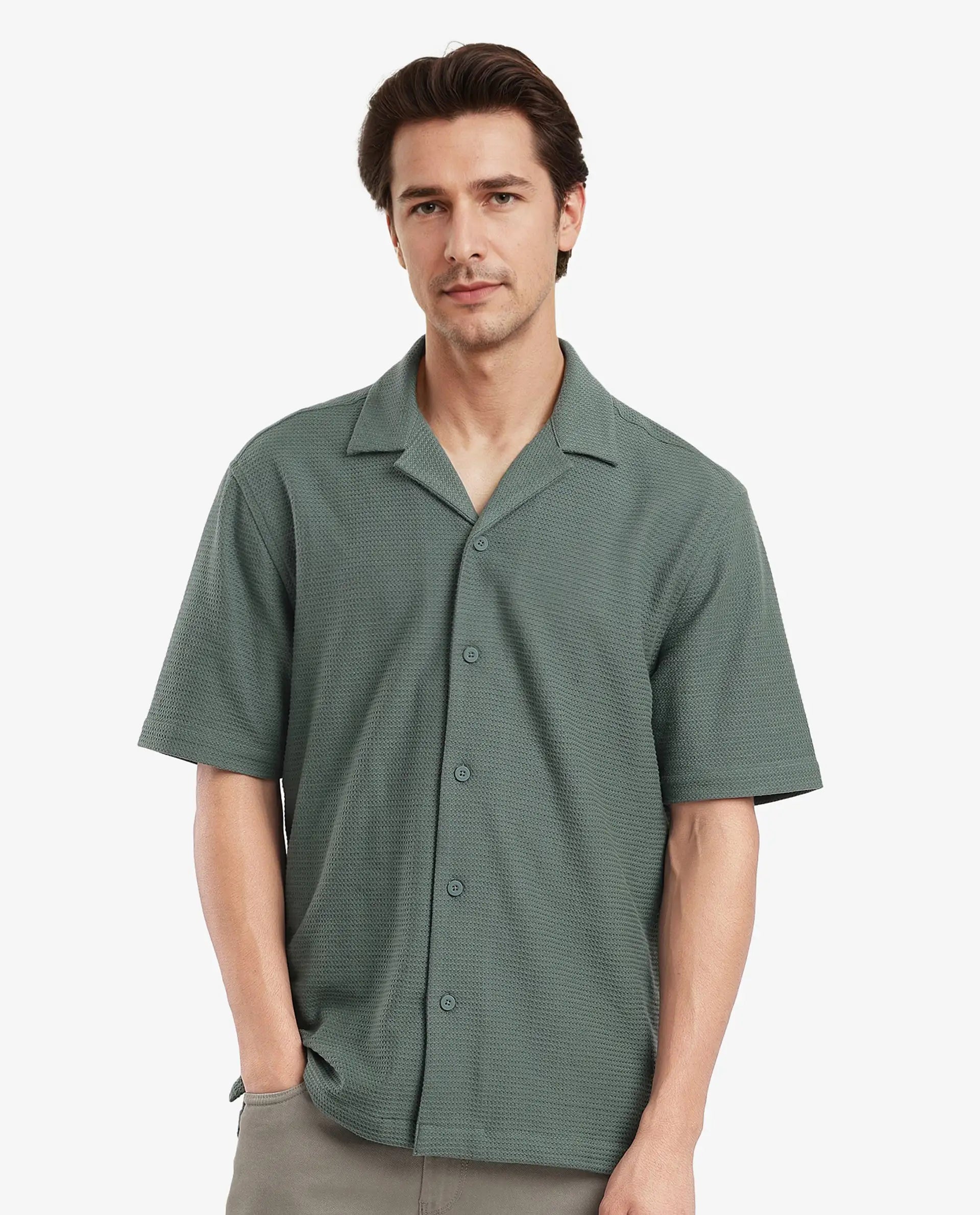 Men's Bold-Color Shirts for a Statement PieceRare Rabbit Men Site Ss Dusky Green Short Sleeve Collared Neck Button Closure Regular Fit Plain Shirt Men's Bold-Color Shirts for a Statement PieceRare Rabbit Men Site Ss Dusky Green Short Sleeve Collared Neck Button Closure Regular Fit Plain Shirt