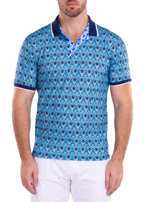 Men's Shirts with Appliqué DetailsMoroccan Paisley Pattern Printed Polo Shirt Turquoise Men's Shirts with Appliqué DetailsMoroccan Paisley Pattern Printed Polo Shirt Turquoise
