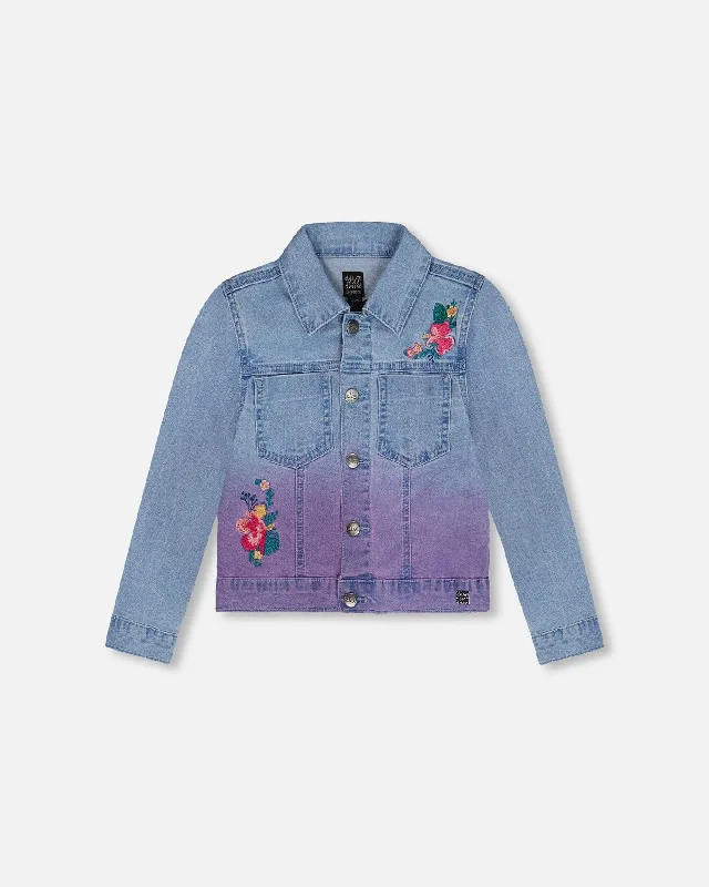 Denim Jacket With Embroidery Floral Jeans Blue