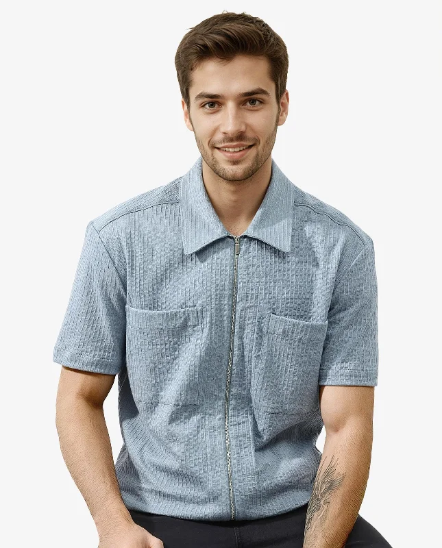 Men's Bold-Color Shirts for a Statement PieceRare Rabbit Mens Loomz Dusky Blue Half Sleeve Solid Broad Collar Zipper Closure Self Stripe Shirt Men's Bold-Color Shirts for a Statement PieceRare Rabbit Mens Loomz Dusky Blue Half Sleeve Solid Broad Collar Zipper Closure Self Stripe Shirt