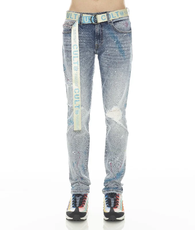 Men's Jeans with Fashionable RipsROCKER SLIM STRETCH MENS JEANS /w BELT IN SKITTLE