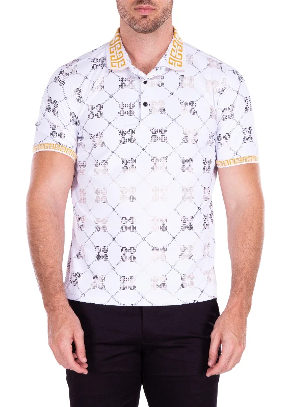 Men's Casual Shirts for Everyday WearGeometric Chinese Medallion Print White Metallic Polo Shirt Men's Casual Shirts for Everyday WearGeometric Chinese Medallion Print White Metallic Polo Shirt