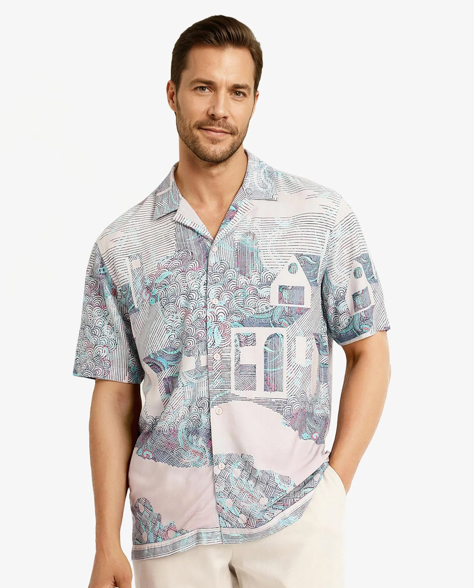 Men's Smart Casual Shirts for Business Casual SettingsRare Rabbit Men Lanco Pastel Pink Short Sleeve Cuban Collar Button Closure Boxy Fit Decorative Placement Print Shirt Men's Smart Casual Shirts for Business Casual SettingsRare Rabbit Men Lanco Pastel Pink Short Sleeve Cuban Collar Button Closure Boxy Fit Decorative Placement Print Shirt