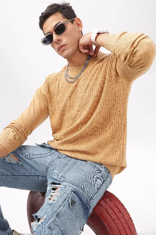 Men's Sleeveless TopsDiamond Knitted Beige Full-Sleeve T-Shirt