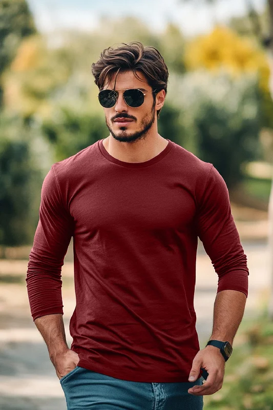 Men's Shirts with Mock NecksMaroon Plain Full Sleeves Regular Fit T-shirt