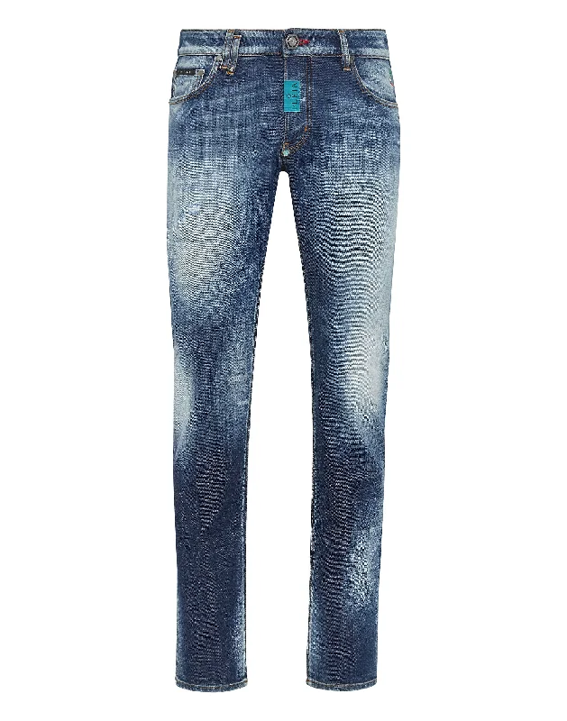 Men's Jeans with a Destroyed LookDenim Trousers Super Straight Cut Premium Hexagon