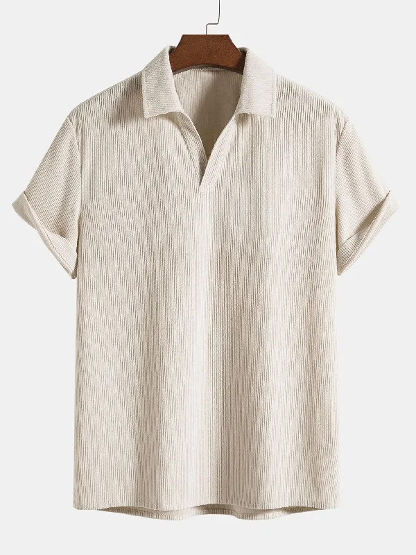 Men's Shirts with Patchwork PatternsShort Sleeve Corduroy Polo Shirt