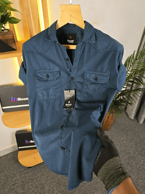 Men's Checked Short-Sleeve Shirts for Summer FunDouble Pocket Denim Shirt Peacock