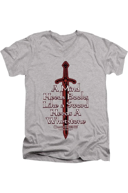 Men's Shirts with Embellished HemlinesGame Of Thrones The Mind Needs Books Short Sleeve Adult V Neck Premium Cotton Tee / T-Shirt