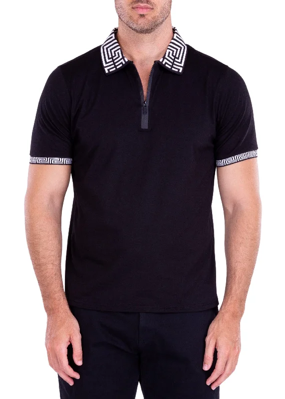 Men's Shirts with High NecksGreek Key Trim Zipper Polo Shirt Solid Black