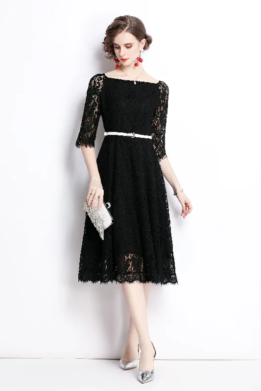 Black Evening A-line Boatneck Elbow Sleeve Below Knee Lace Elegant Dress