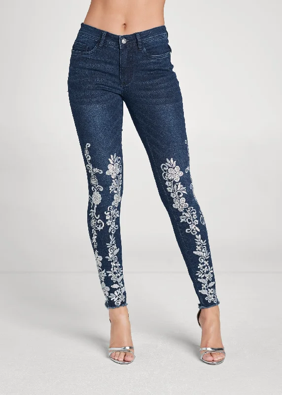 Floral emroidered skinny jeans - Denim Blue