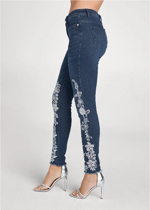 Floral emroidered skinny jeans - Denim Blue