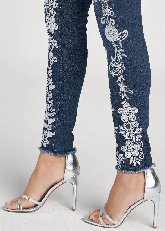 Floral emroidered skinny jeans - Denim Blue