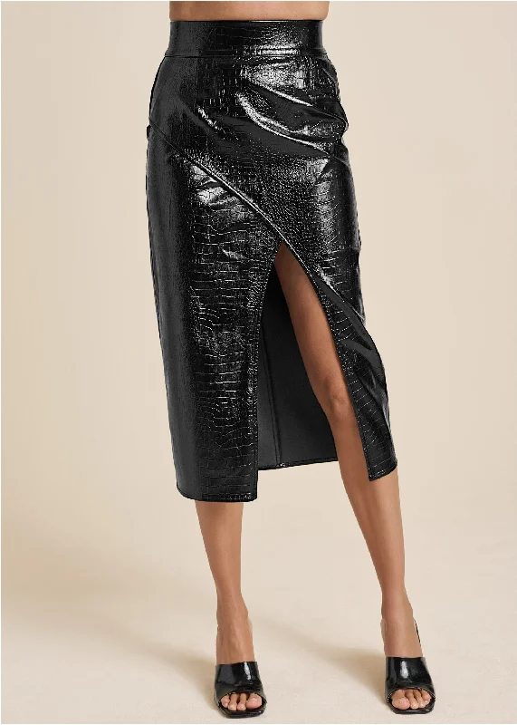 Faux-croc wrap skirt  - Black