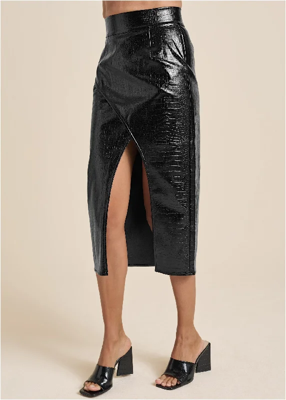 Faux-croc wrap skirt  - Black