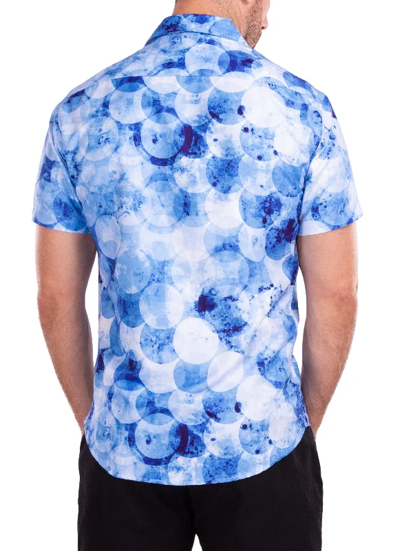 Overlapping Watercolor Circle Print Blue Button Up Short Sleeve Dress Shirt