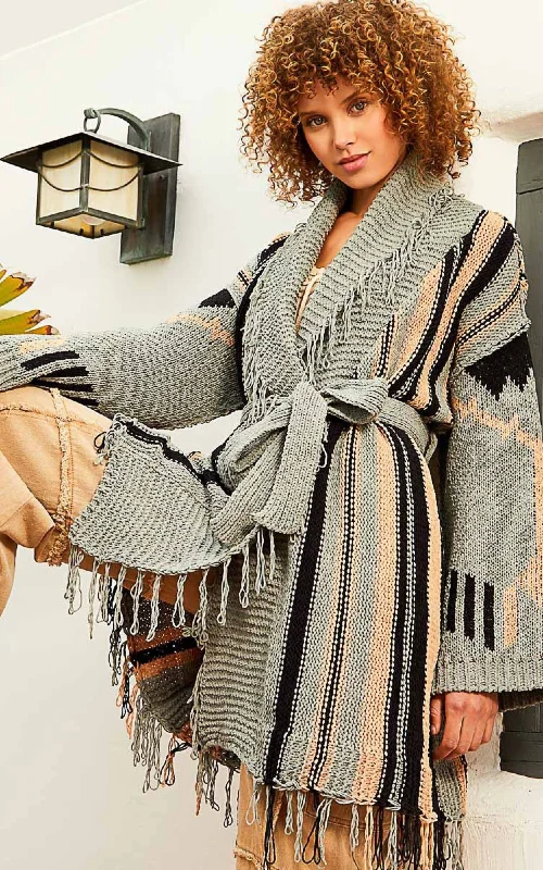 Sage Tribal Striped Oversized Chenille Cardigan w/ Belt