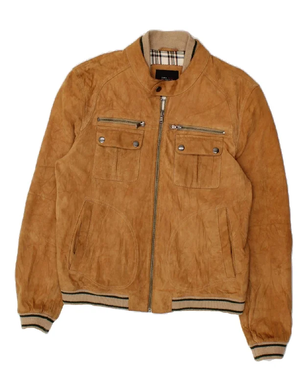 Men's Coats for Casual WearZARA Mens Bomber Suede Jacket UK 40 Large Brown Leather